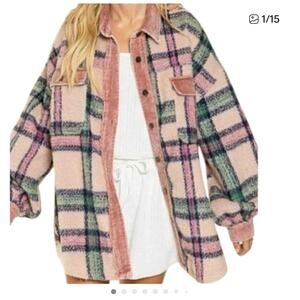 POL Shacket Oversized Pink Plaid Corduroy Elbow Patches Button Up Women's Size L